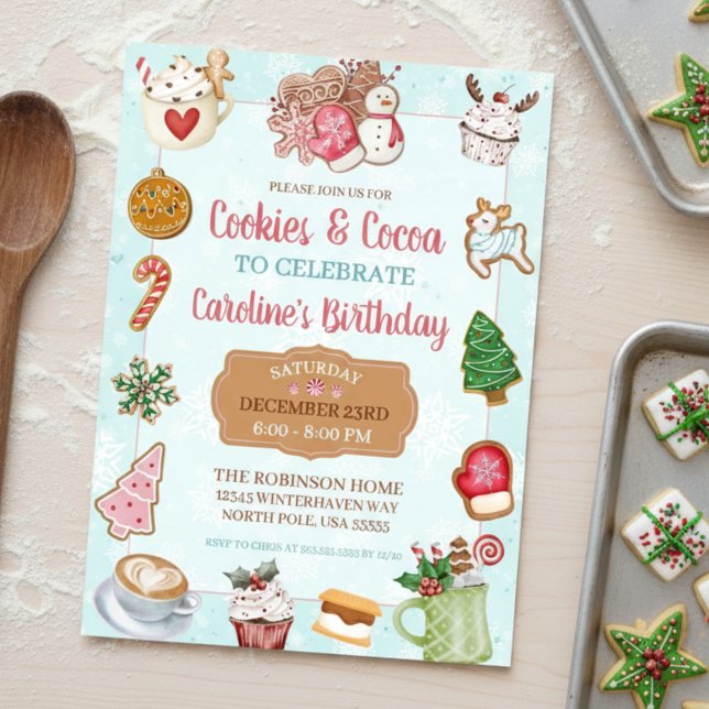 Convites Bolo de Aniversário com Biscoitos de Natal Rosa e  (cute cookies and hot cocoa christmas birthday party exchange invitations)