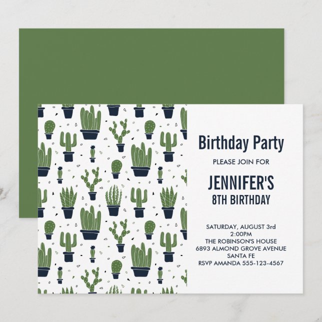 Convites Bolo de Aniversário com Padrão de Cactos Verdes Fo (Frente/Verso)