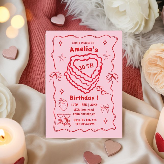 Convites Bolo de Aniversário Coração Rosa e Vermelho Qualqu (Criador carregado)
