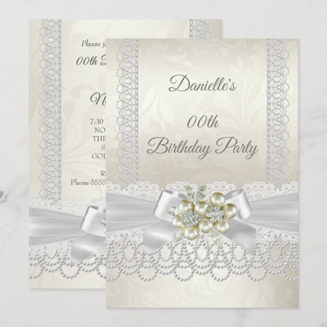 Convites Bolo de Aniversário Creme Pérola em Renda Damask D (Frente/Verso)