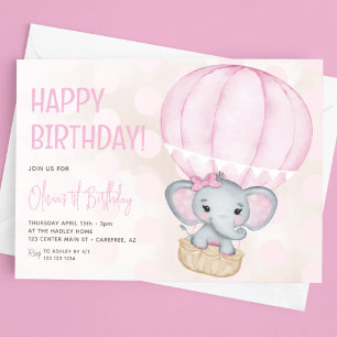 Convites Bolo de Aniversário de 1 ano com Elefante Rosa Fof