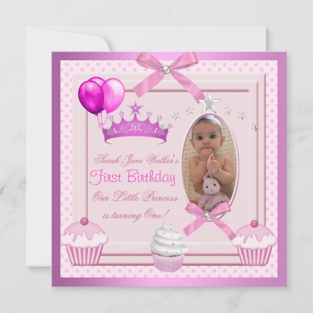 Convites Bolo de Aniversário de 1 Ano Menina Rosa Pérolas B (Frente)