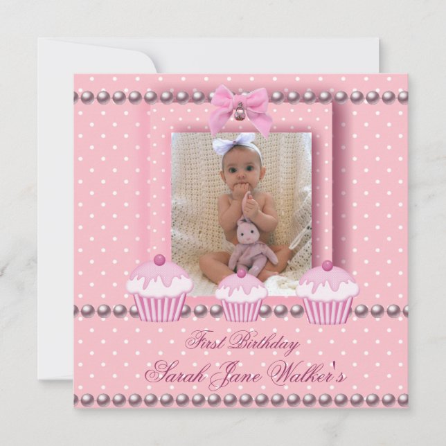 Convites Bolo de Aniversário de 1 Ano Menina Rosa Pérolas B (Frente)