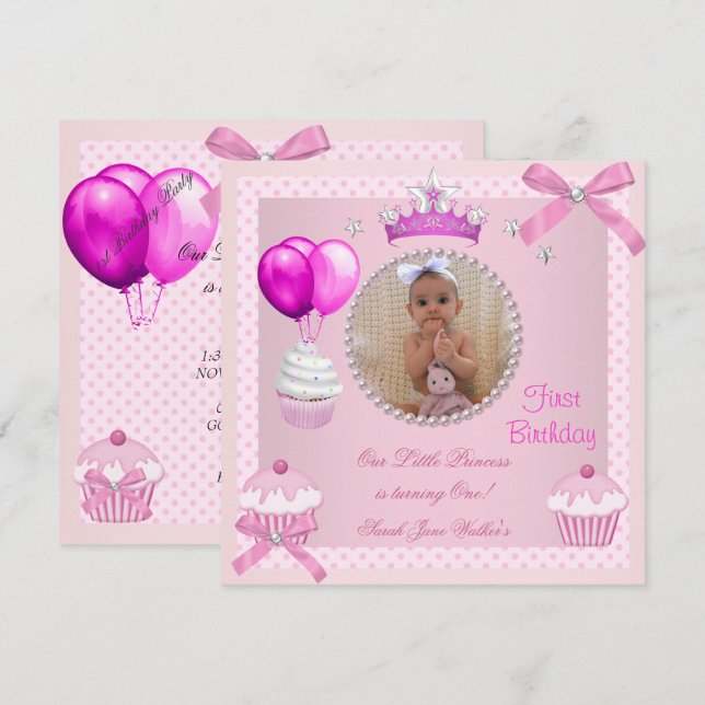 Convites Bolo de Aniversário de 1 Ano Menina Rosa Pérolas B (Frente/Verso)