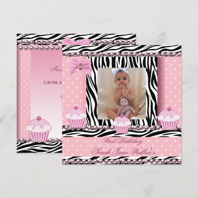 Convites Bolo de Aniversário de 1 Ano Menina Rosa Zebra Beb (Frente/Verso)