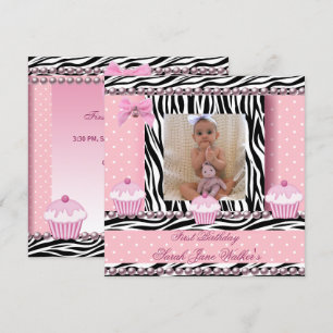 Convites Bolo de Aniversário de 1 Ano Menina Rosa Zebra Beb