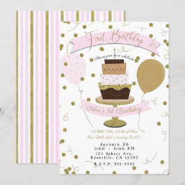 Convites Bolo de Aniversário de 1 Ano Rosa e Dourado, o Açú