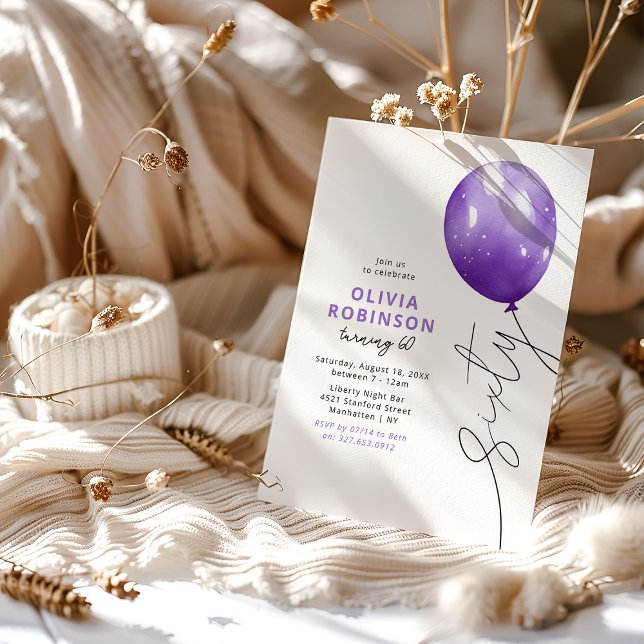 Convites Bolo de Aniversário de 60 anos Balão Roxo Fashion (Criador carregado)