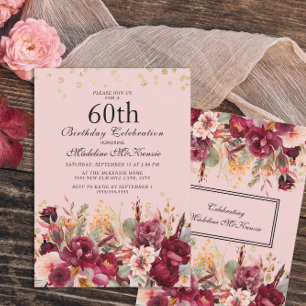 Convites Bolo de Aniversário de 60 anos em Floral Burgundy