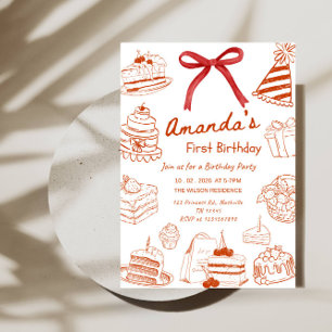 Convites Bolo de Aniversário de Arte de Linha Minimalista 1