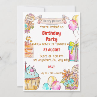 Convites Bolo de Aniversário de Balões de Aquarela Cupcake
