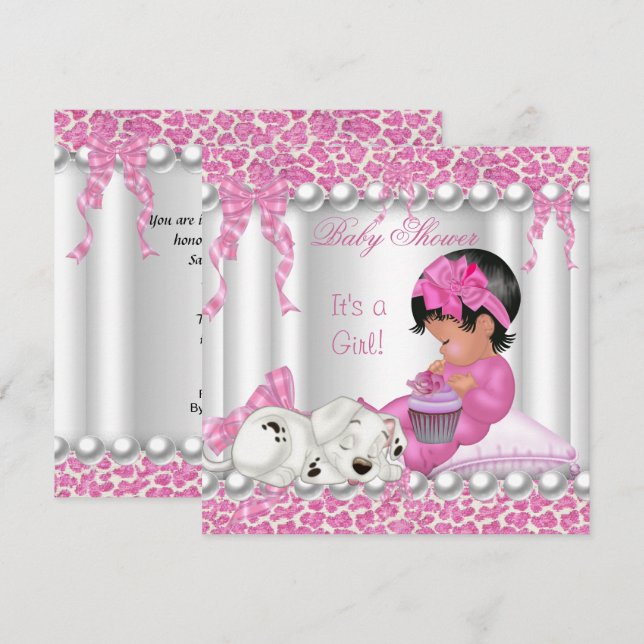 Convites Bolo de aniversário de bebê menina leopardo rosa f (Frente/Verso)