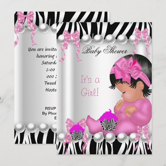 Convites Bolo de aniversário de bebê menina zebra rosa fofo (Frente/Verso)