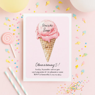 Convites Bolo de Aniversário de Cone de Sorvete Rosa Pastel