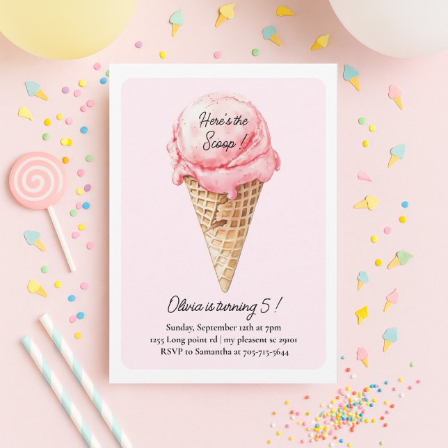 Convites Bolo de Aniversário de Cone de Sorvete Rosa Pastel (Criador carregado)