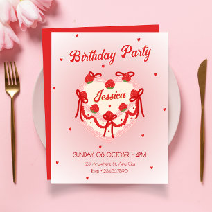 Convites Bolo de aniversário de coração fofo vermelho