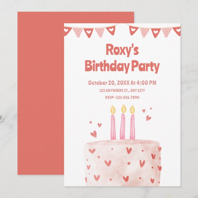 Convites Bolo de aniversário, de coração rosa (Frente/Verso)