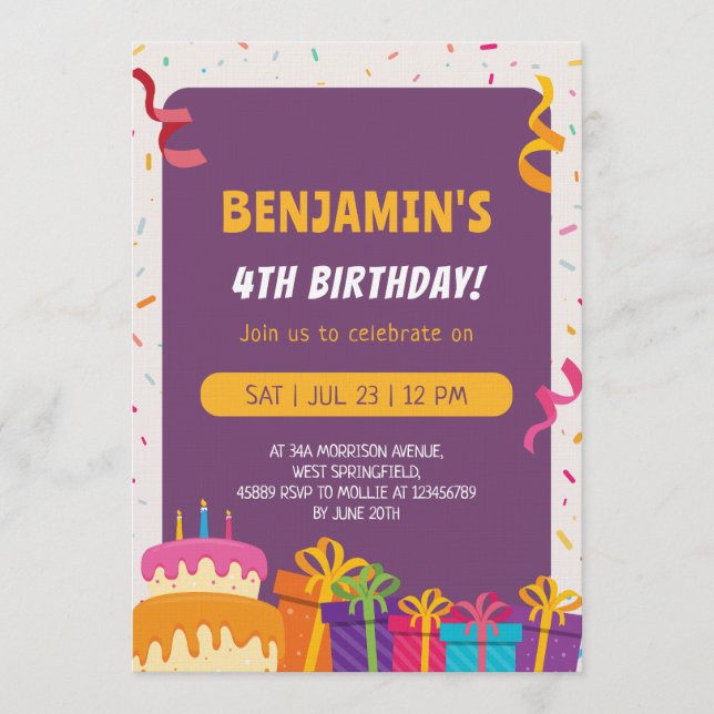 Convites Bolo De Aniversário De Crianças E Design De Presen (Frente)
