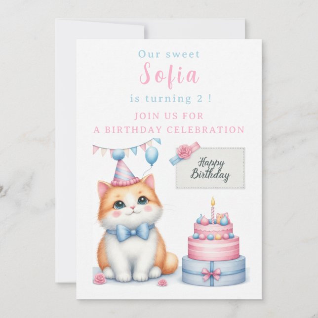 Convites Bolo de Aniversário de Gatinho Pastel - - Aniversá (Frente)