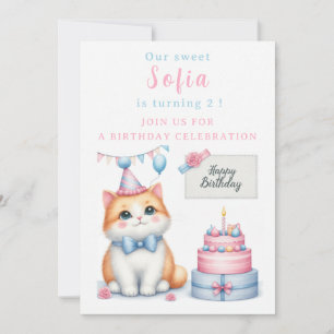 Convites Bolo de Aniversário de Gatinho Pastel - - Aniversá