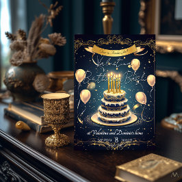 Convites Bolo de Aniversário de Luxo | Dourado e Azul-Marin