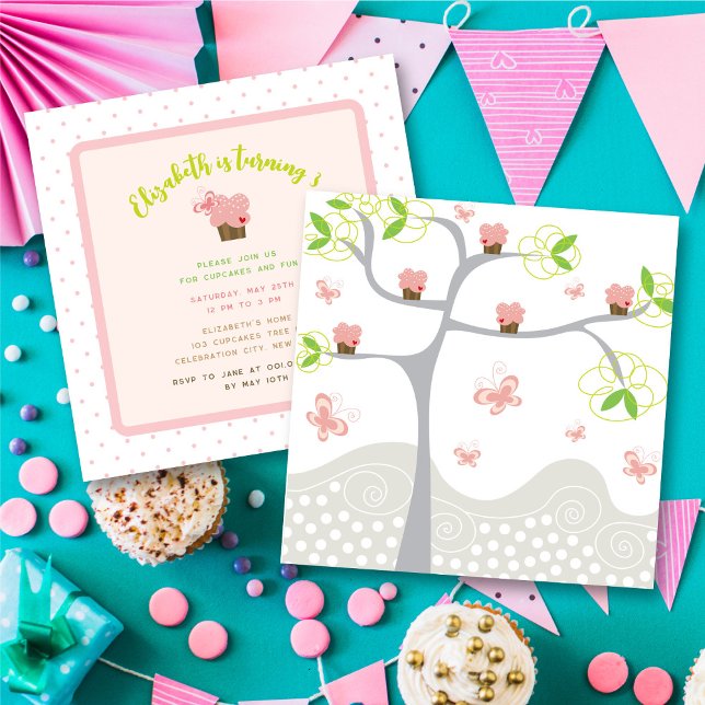 Convites Bolo de Aniversário de Menina Doce com Cupcakes Ro (Whimsical Pink Cupcakes Tree Sweet Girl's Birthday Party Invitation @ fat_fa_tin)