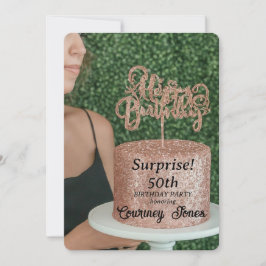 Convites Bolo de aniversário de rosa Dourado com brilho 50º