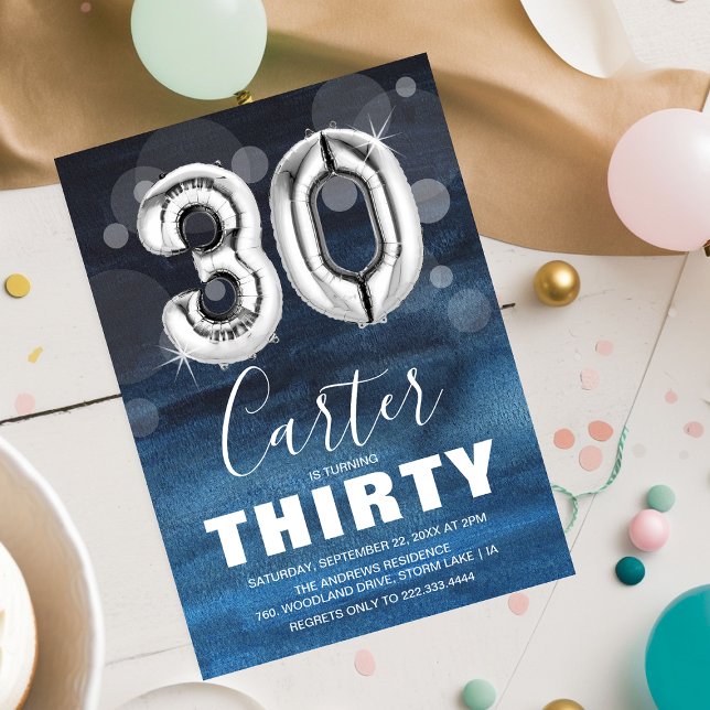 Convites Bolo de Aniversário de Trinta Prata Balão | Festa  (Criador carregado)
