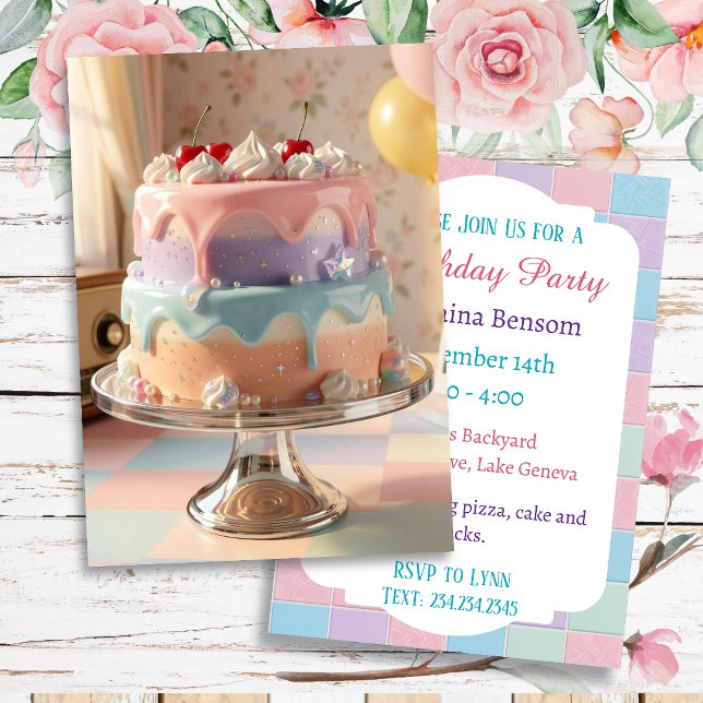 Convites Bolo de Aniversário de Vidro Pastel com Cerejas (Criador carregado)