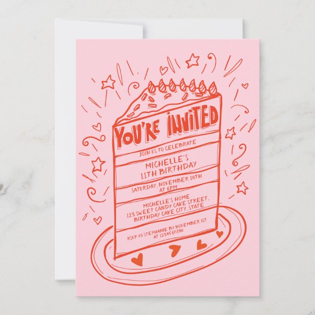 Convites Bolo de Aniversário Desenhado à Mão Branca Única (Frente)