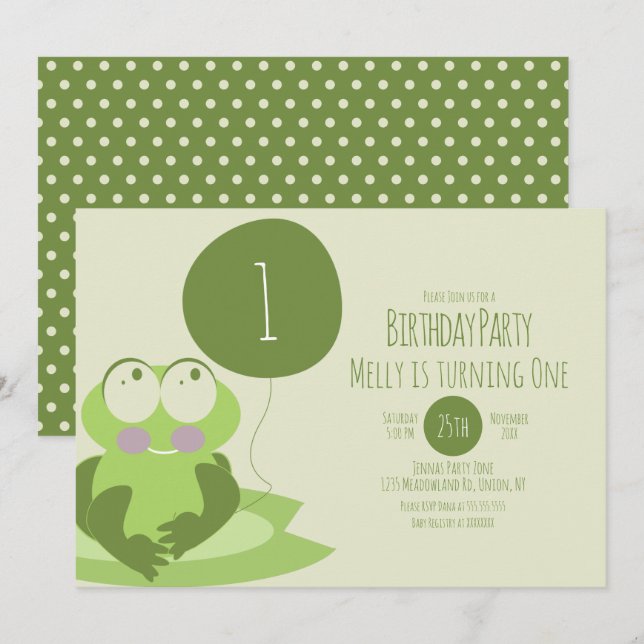 Convites Bolo de Aniversário do Sapo Bonito Balão Verde Fol (Frente/Verso)