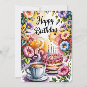 Convites Bolo de Aniversário em Aquarela Xícara de Café Flo