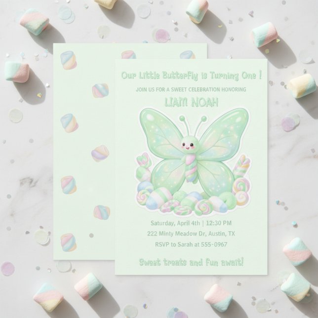 Convites Bolo de Aniversário Infantil Borboleta Marshmallow (Mint Green Marshmallow Butterfly Kids Birthday Invitation)