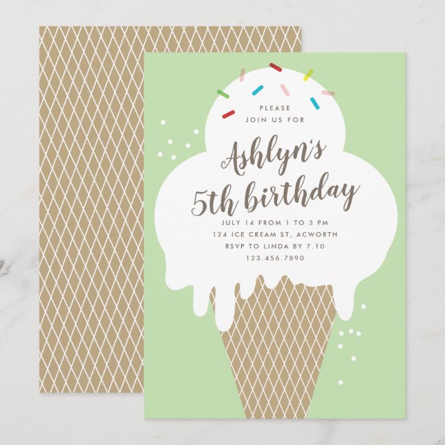 Convites Bolo de aniversário infantil cone de sorvete verde (Frente/Verso)