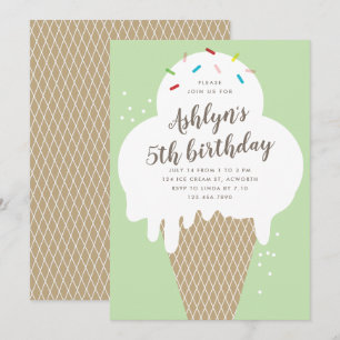 Convites Bolo de aniversário infantil cone de sorvete verde