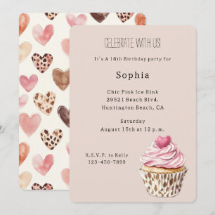 Convites Bolo de Aniversário Leopardo Cupcake Coração Rosa 