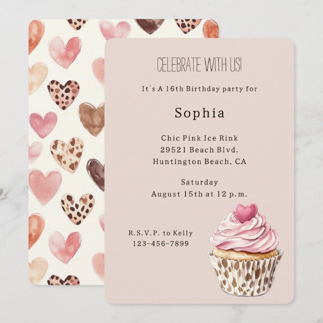 Convites Bolo de Aniversário Leopardo Cupcake Coração Rosa  (Frente/Verso)