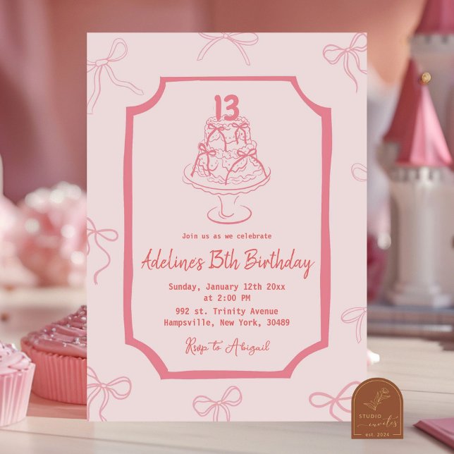 Convites Bolo de Aniversário Menina com Arco Rosa Desenhado (Criador carregado)