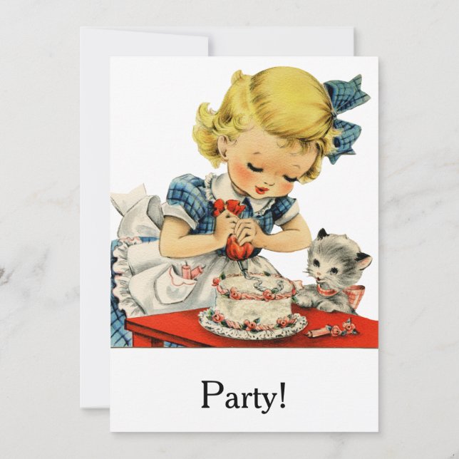 Convites Bolo de Aniversário Retro de Menina Gatinho Arte I (Verso)