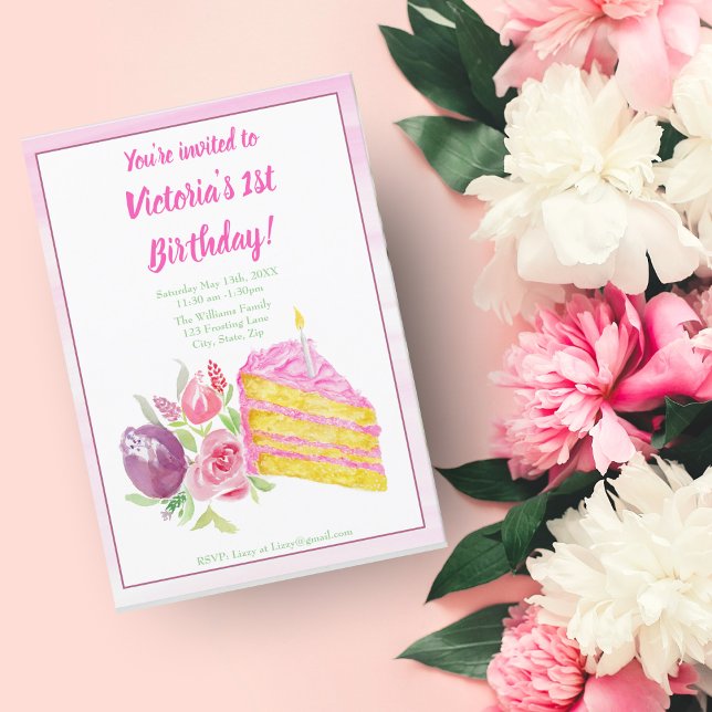 Convites Bolo de Aniversário Rosa de 1º Ano com Flores em A (Criador carregado)