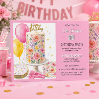 Convites Bolo de Aniversário Rosa Menina Festa Infantil