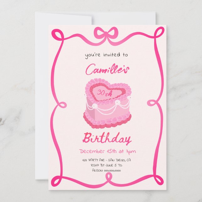 Convites Bolo de Aniversário Rosa Retro (Frente)