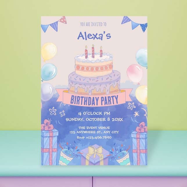 Convites Bolo de aniversário roxo pastel (Criador carregado)