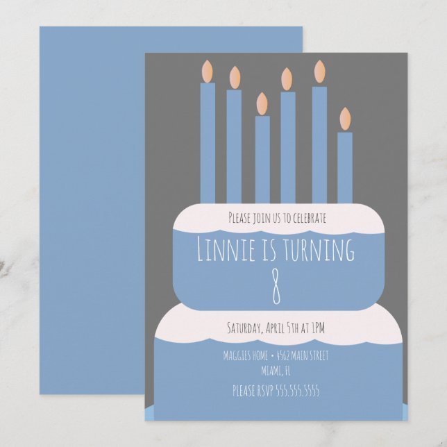 Convites Bolo de aniversário simples com velas de festa azu (Frente/Verso)