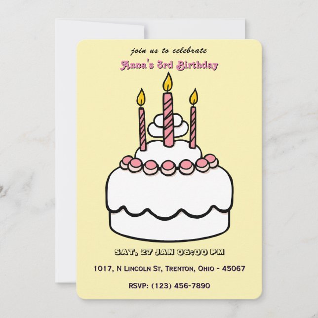 Convites Bolo de Aniversário Simples de Pastel com Velas (Frente)