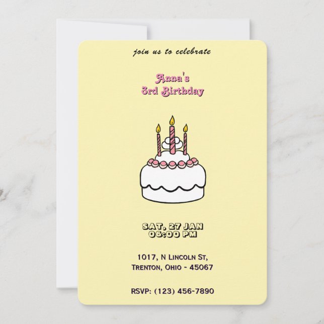 Convites Bolo de Aniversário Simples de Pastel com Velas (Frente)
