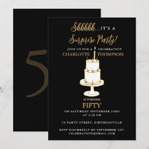 Convites Bolo de Aniversário Surpresa Preto Dourado