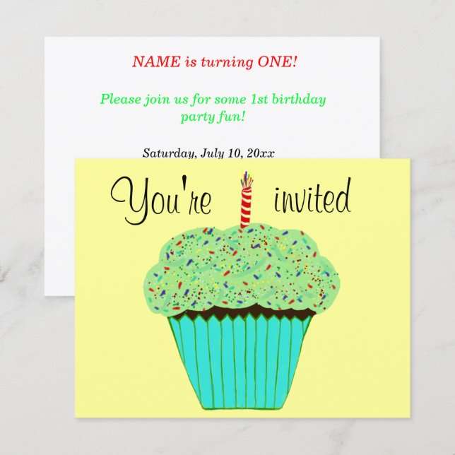 Convites Bolo de aniversário verde com nome e qualquer IDAD (Frente/Verso)