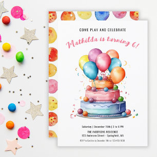 Convites Bolo de Aquarela Arco-íris e Balões Aniversário de