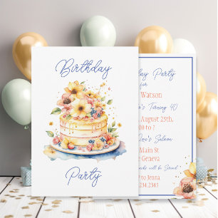 Convites Bolo de Aquarela bonito e Flores Aniversário